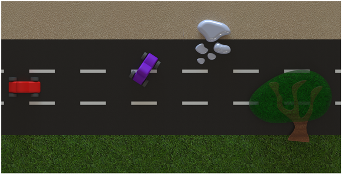 Top view of a road scene with vehicles, obstacles and roadside objects